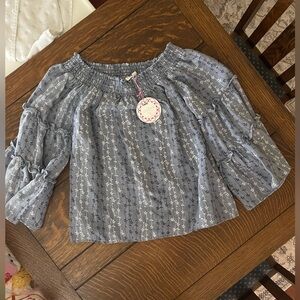 Umgee Light Blue Off-Shoulder Smocked Top with White Floral Stripe